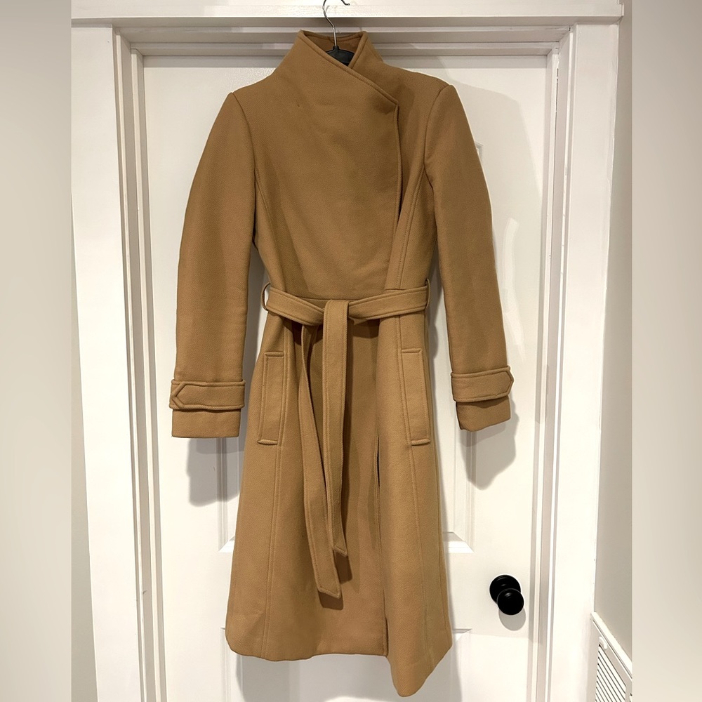 ASOS Long Wool Coat Size 2 Camel Brown Belted